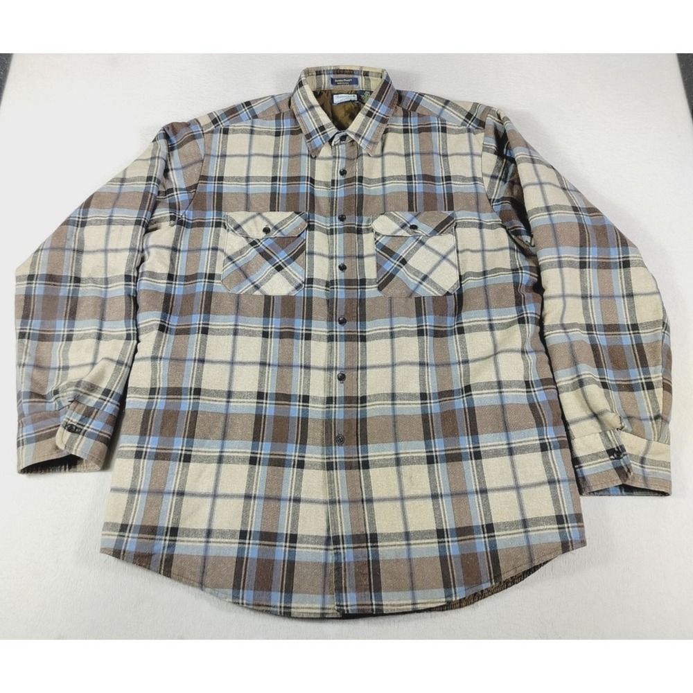 Vintage Fieldmaster Shirt Jacket Mens 2XLT Beige Plaid Quilted Lined Flannel